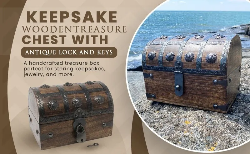 Shows the treasure chest in a real-world coastal setting to help shoppers envision it as a decorative keepsake or jewelry box. Highlights the antique lock and…