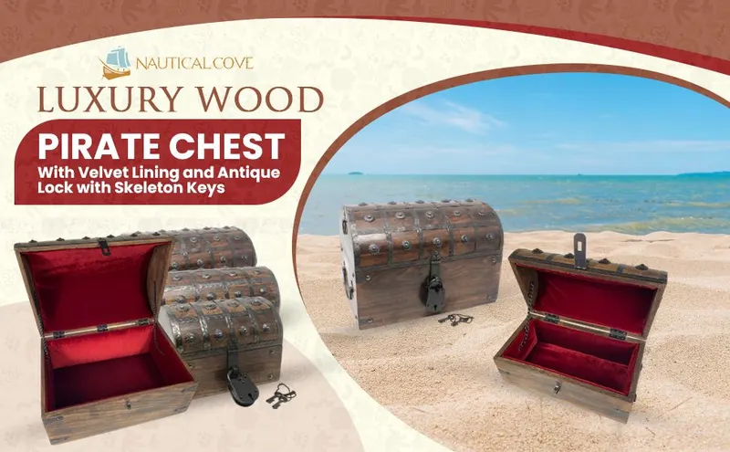 Presents the Nautical Cove brand name and a luxury pirate chest product line with a lineup of sizes to help shoppers recognize the brand and choose an option.…