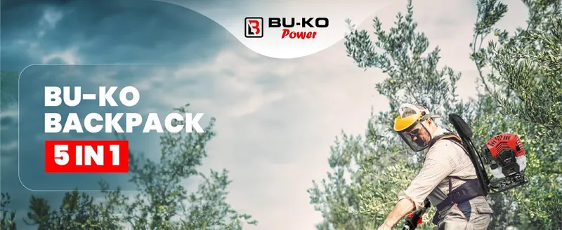 Introduces the BU-KO Power brand and its backpack 5 in 1 system to establish brand identity and product line recognition. Shoppers see the brand name…