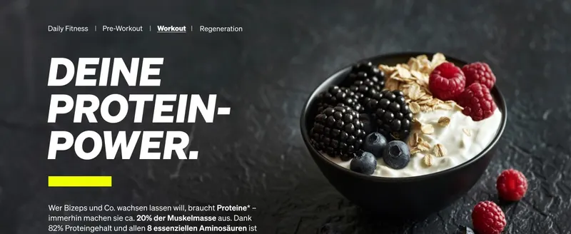 Pairs a styled food photo with protein messaging to suggest the product fits a protein-rich lifestyle. Highlights the high protein content and essential amino…