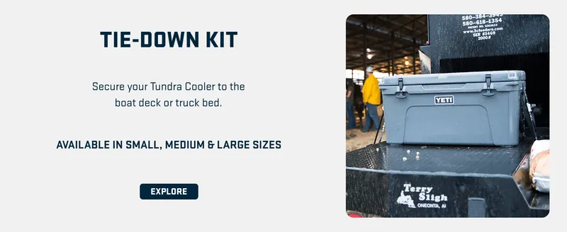 Showcases the tie-down kit accessory that allows shoppers to secure their cooler to boats or truck beds, emphasizing versatility and security during transport.