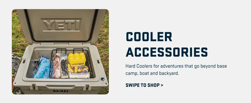 Introduces the cooler accessories category and communicates the rugged versatility of YETI coolers for various outdoor adventures beyond typical use cases.