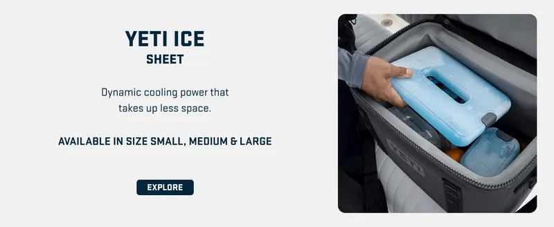 Showcases the YETI Ice Sheet as a space-efficient cooling solution that delivers dynamic cooling power while taking up less room in the cooler.