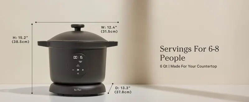 Provides exact physical measurements and capacity information to help shoppers understand the product size and serving capability for their countertop space.