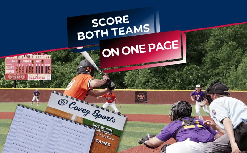 Shows that the Covey Sports scorebook lets scorers record both teams on a single page, making game tracking faster and simpler. The product photo and bold…