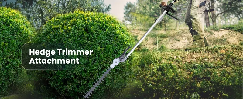 Shows the hedge trimmer attachment shaping a bush to communicate that this accessory handles hedge trimming.