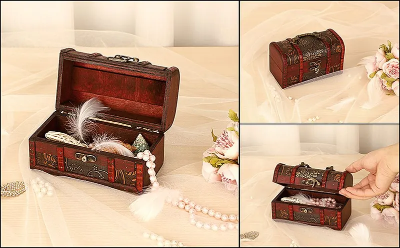 Shows the wooden treasure chest styled with jewelry, feathers, and pearls in a soft romantic setting so shoppers can picture using it as a keepsake or jewelry…