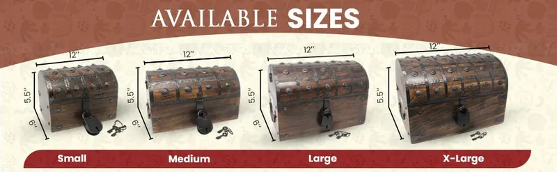 Shows the exact physical dimensions of each treasure chest size so shoppers can choose the right fit for their needs. Presents the full range of chest sizes…