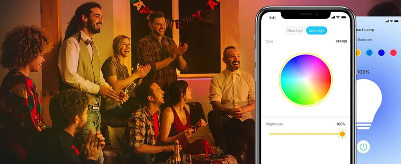 Highlights app-based color and brightness control with a party-ready ambiance to show the range of lighting options. Shows the lamp setting mood for…