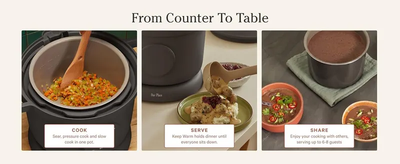 Demonstrates the three-step process of cooking, serving, and sharing meals with the product, helping shoppers understand the complete usage workflow from…
