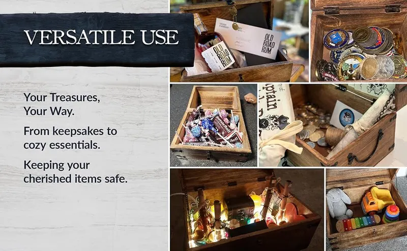 Shows the wooden storage chest used in many different scenarios, from keepsakes and coins to snacks, bar items, and kids toys, so shoppers see its versatility…