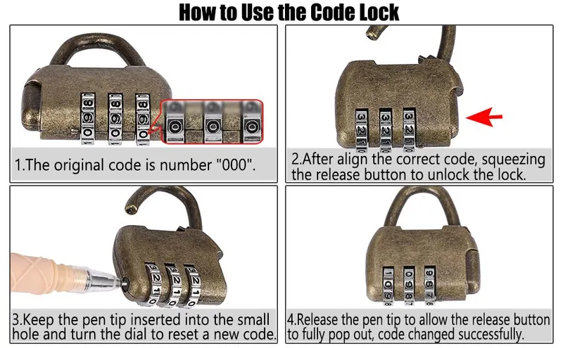 Walks shoppers through the four steps to unlock the lock with the original code and reset a new code using a pen tip, showing the lock is simple to use and…