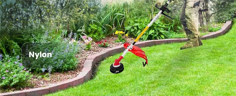 Shows the nylon line trimmer head edging a lawn to communicate that it is suited for everyday grass trimming.