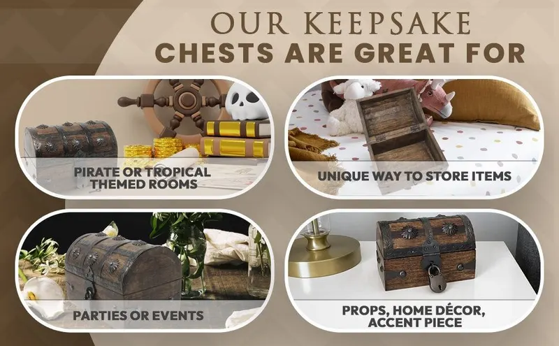 Shows four distinct ways shoppers can use the keepsake chest, from themed decor and storage to party props and accent pieces, helping them envision versatile…