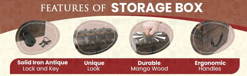 Shows four distinct storage box benefits in segmented panels so shoppers can quickly see the lock, styling, material durability, and handle comfort.