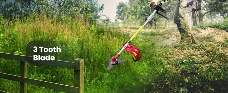 Shows the 3 tooth blade cutting tall grass to communicate that it tackles thicker vegetation.