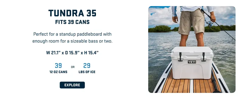 Highlights the Tundra 35 cooler's capacity (39 cans) and dimensions while showing its suitability for paddleboarding to help shoppers understand its…