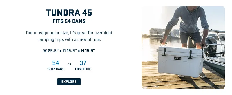 Highlights the Tundra 45 as the most popular size with capacity specs (54 cans) and dimensions, showing its suitability for camping trips to help shoppers…