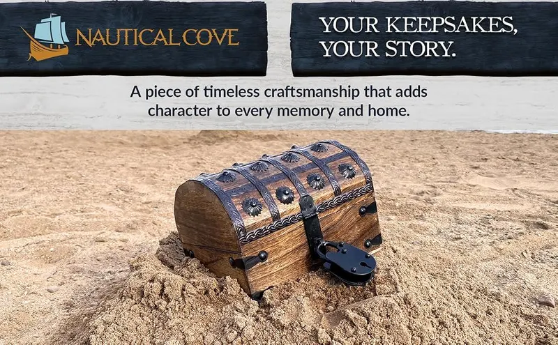 Presents the Nautical Cove brand with its Your Keepsakes Your Story tagline and frames the product as timeless craftsmanship that adds character to memories…