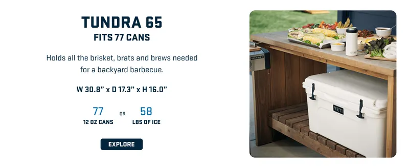 Highlights the Tundra 65 cooler's capacity (77 cans) and dimensions while showing its suitability for backyard barbecues to help shoppers understand its size…