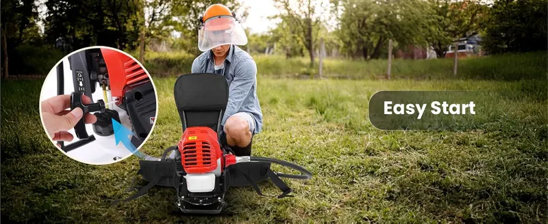 Shows the simple starting procedure with a close-up of the pull handle so shoppers see that starting the engine is quick and easy. Highlights one core benefit…