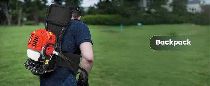 Shows the trimmer worn on the back in a real lawn setting so shoppers can picture the carrying setup. Highlights the backpack style design as the main selling…